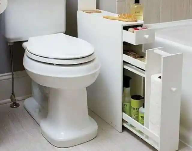 Place A Thin Rolling Shelf Beside The Toilet