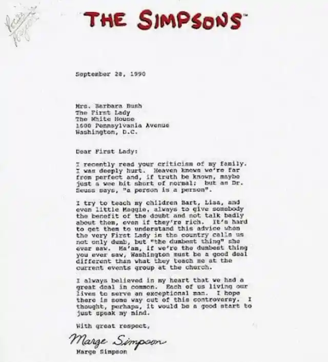 Barbara Bush publicly apologized to Marge Simpson